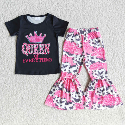 B2-13 Baby Girls Short Sleeve and Pink Leopard Bell Bottoms Pants Sets