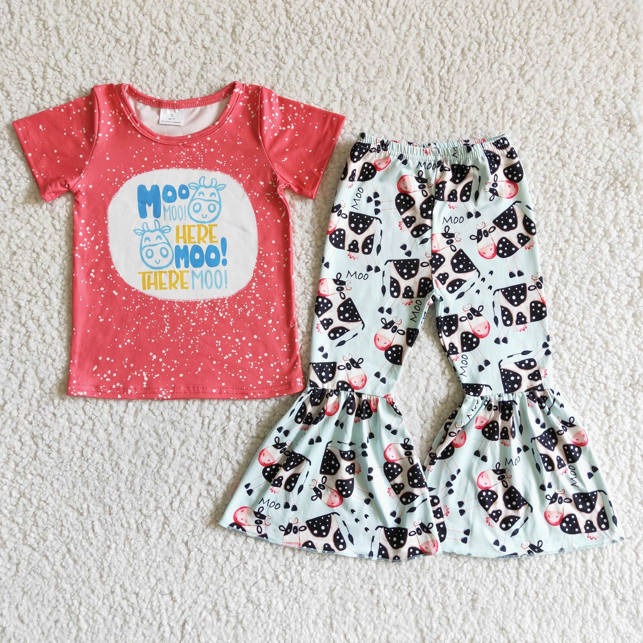 C4-25 Farm Cows Baby Short Sleeve Bell Bottoms Pants Sets