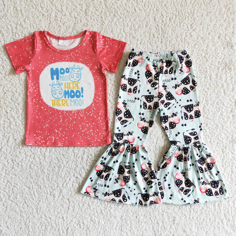 C4-25 Farm Cows Baby Short Sleeve Bell Bottoms Pants Sets