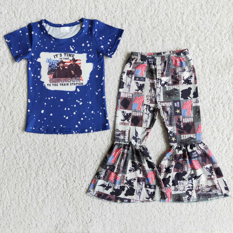 E13-12 Baby Girls Short Sleeve and Bell Bottoms Pants Sets
