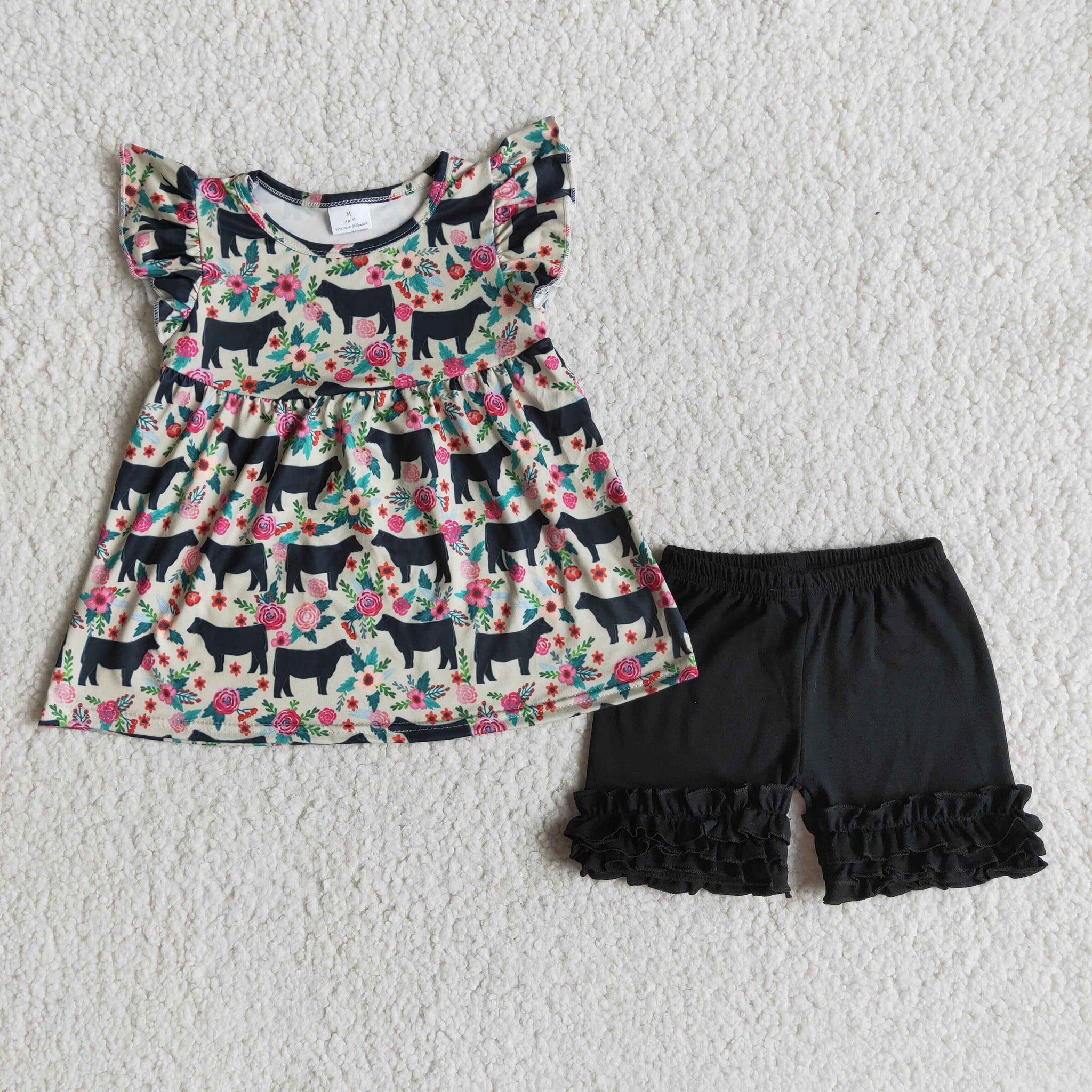 C5-1-3 Flower Baby Girls Pearl Sleeve Summer Shorts Sets
