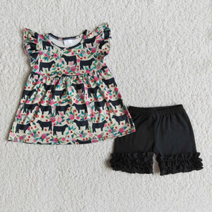 C5-1-3 Flower Baby Girls Pearl Sleeve Summer Shorts Sets