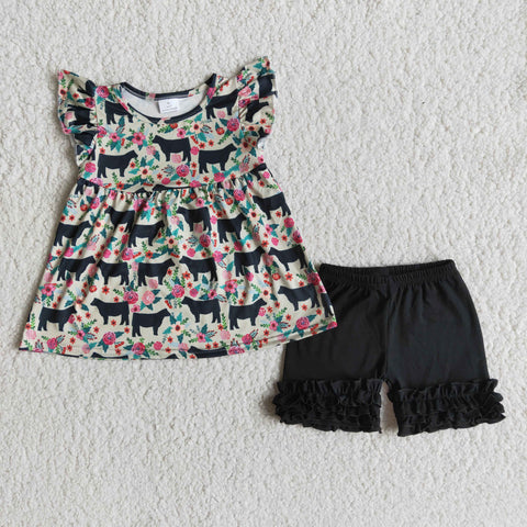 C5-1-3 Flower Baby Girls Pearl Sleeve Summer Shorts Sets