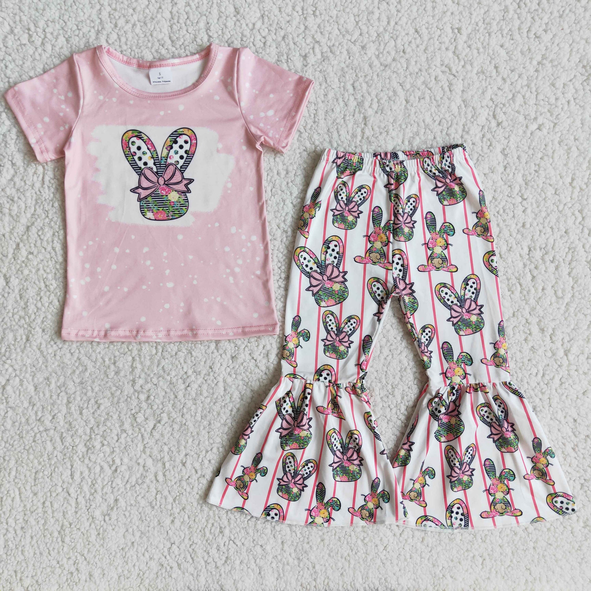 E10-16 Easter Bleached Bunny Designer Baby Girls Kids Short Sleeve and Bell Bottoms Sets