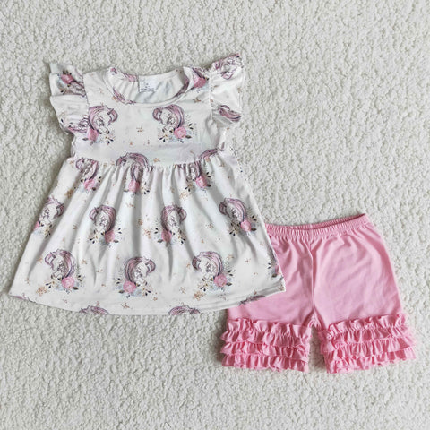 A6-9-1 Baby Girls Pearl Sleeve Summer Shorts Sets