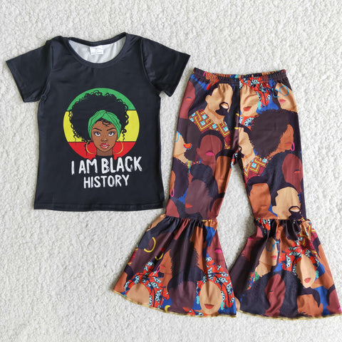 Fashion Baby Girls Black History Short Sleeve and Bell Bottoms Pants Sets