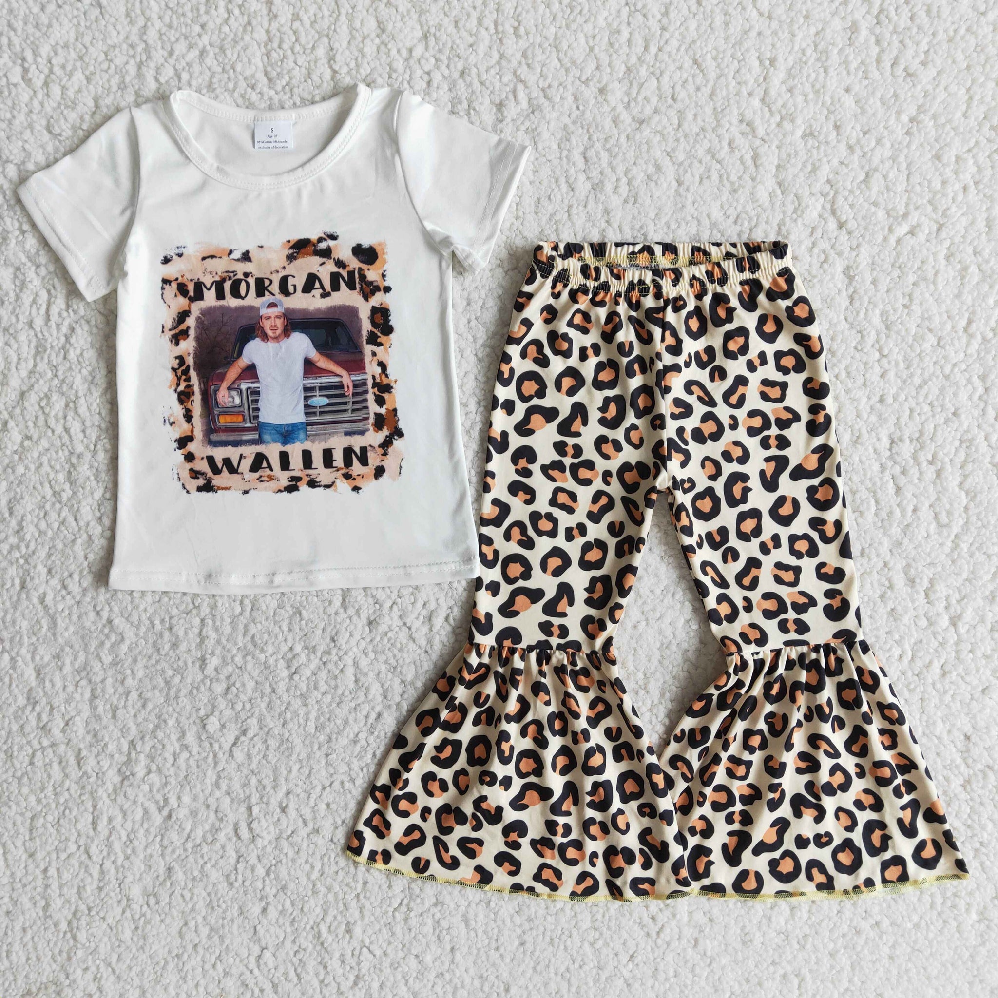 Fashion Baby Girls Short Sleeve and Leopard Bell Bottoms Pants Sets