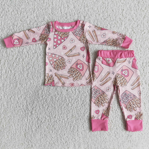 Baby Girls Pink Fries Long Sleeve Pajamas Sets Sleepwear