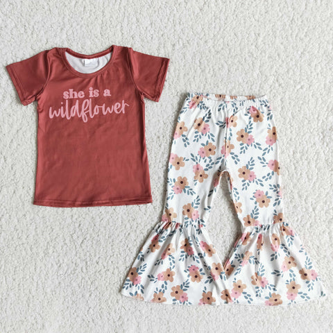Baby Girls Wildflower Short Sleeve and Bell Bottoms Pants Sets