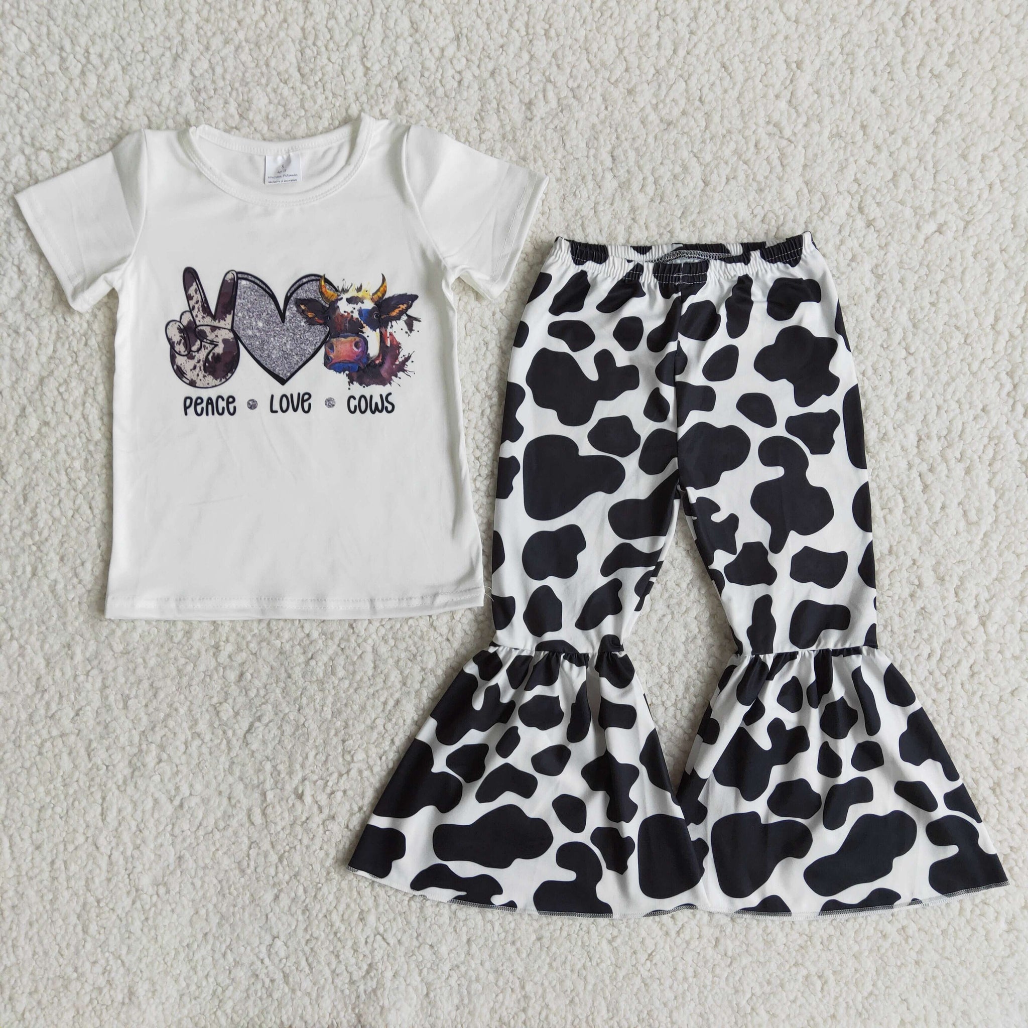 Baby Girls Peace Love Cows Short Sleeve and Bell Bottoms Pants Sets