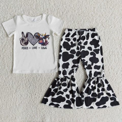 Baby Girls Peace Love Cows Short Sleeve and Bell Bottoms Pants Sets