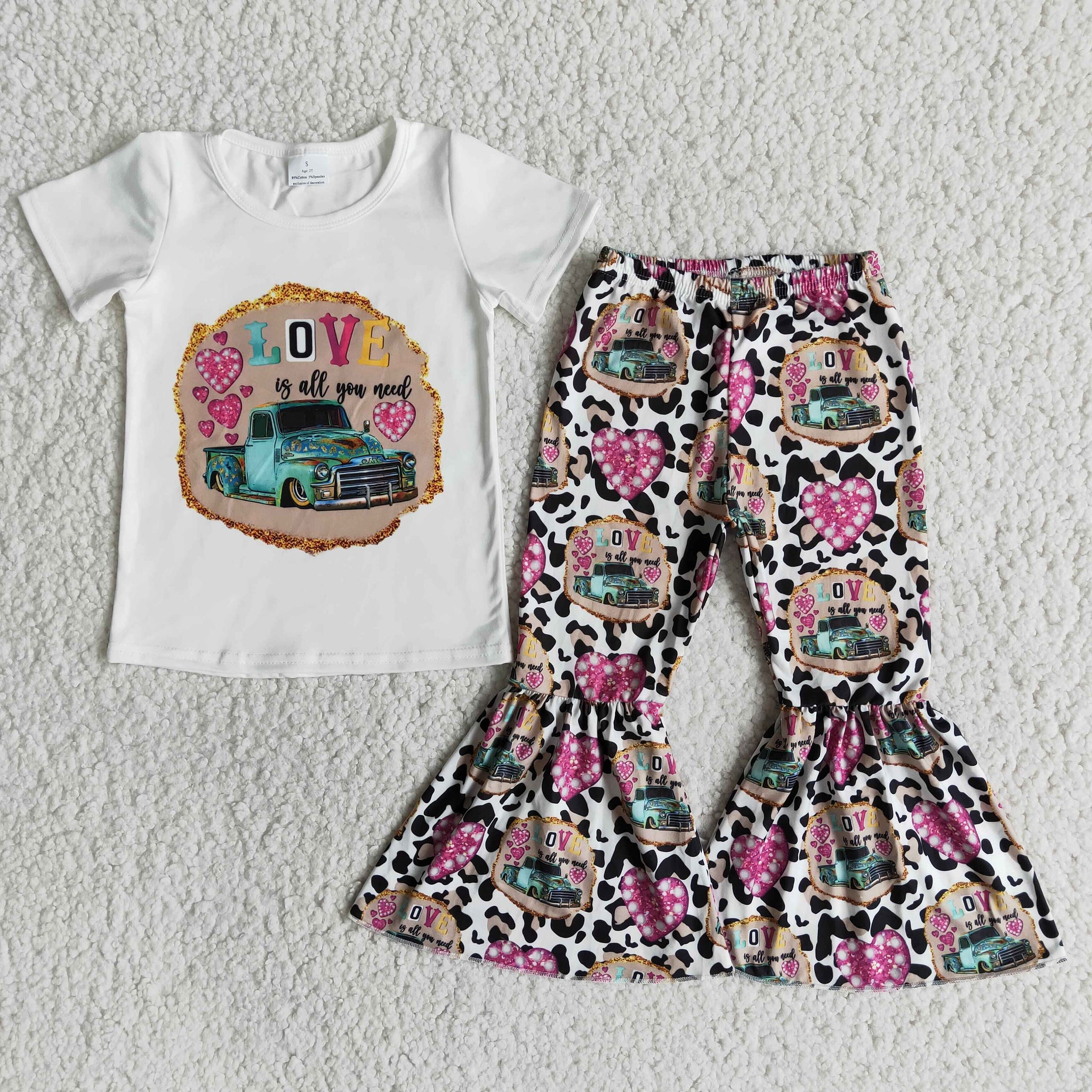 E13-26 Baby Girls Love Short Sleeve and Bell Bottoms Pants Sets