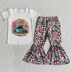 E13-26 Baby Girls Love Short Sleeve and Bell Bottoms Pants Sets