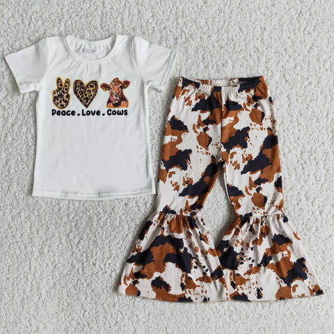Baby Girls Fashion Peace Love Cows Short Sleeve and Bell Bottoms Pants Sets