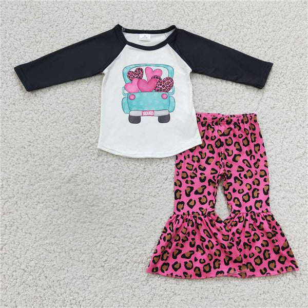 6 B7-24 Valentine's Day Long Sleeve and Pink Leopard Bell Bottoms Pants Sets