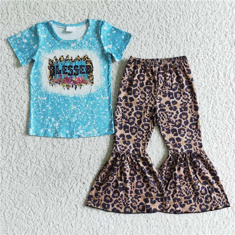A14-24 blessed blue short-sleeved leopard print wide-leg pants set