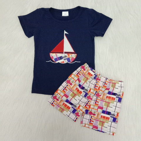 C8-10 Holiday Baby Boys Embroidery Sailing Summer Shorts Sets