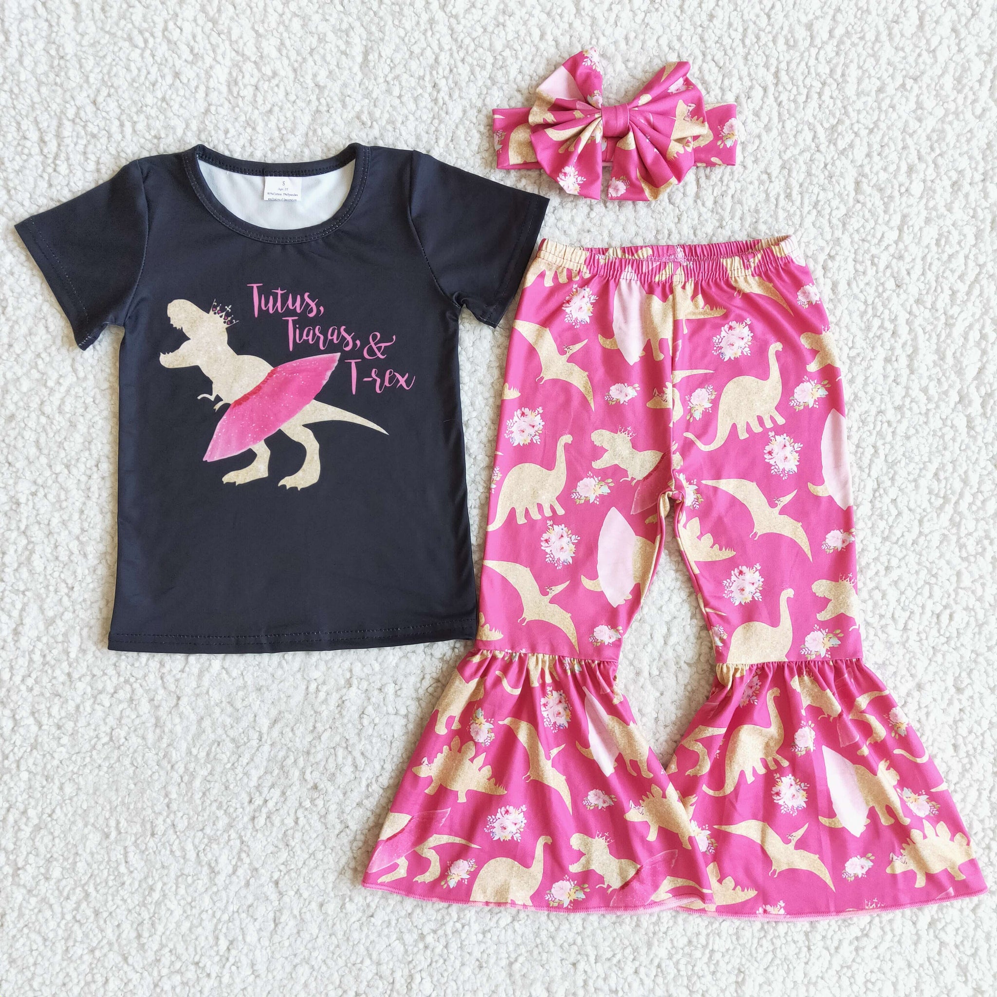 D9-5  Baby Girls Pink Dinosaur Short Sleeve and Bell Bottoms Pants Sets