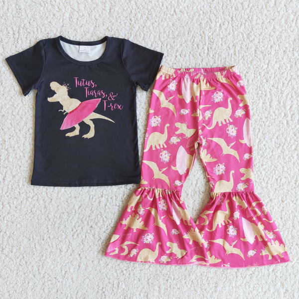 D9-5  Baby Girls Pink Dinosaur Short Sleeve and Bell Bottoms Pants Sets