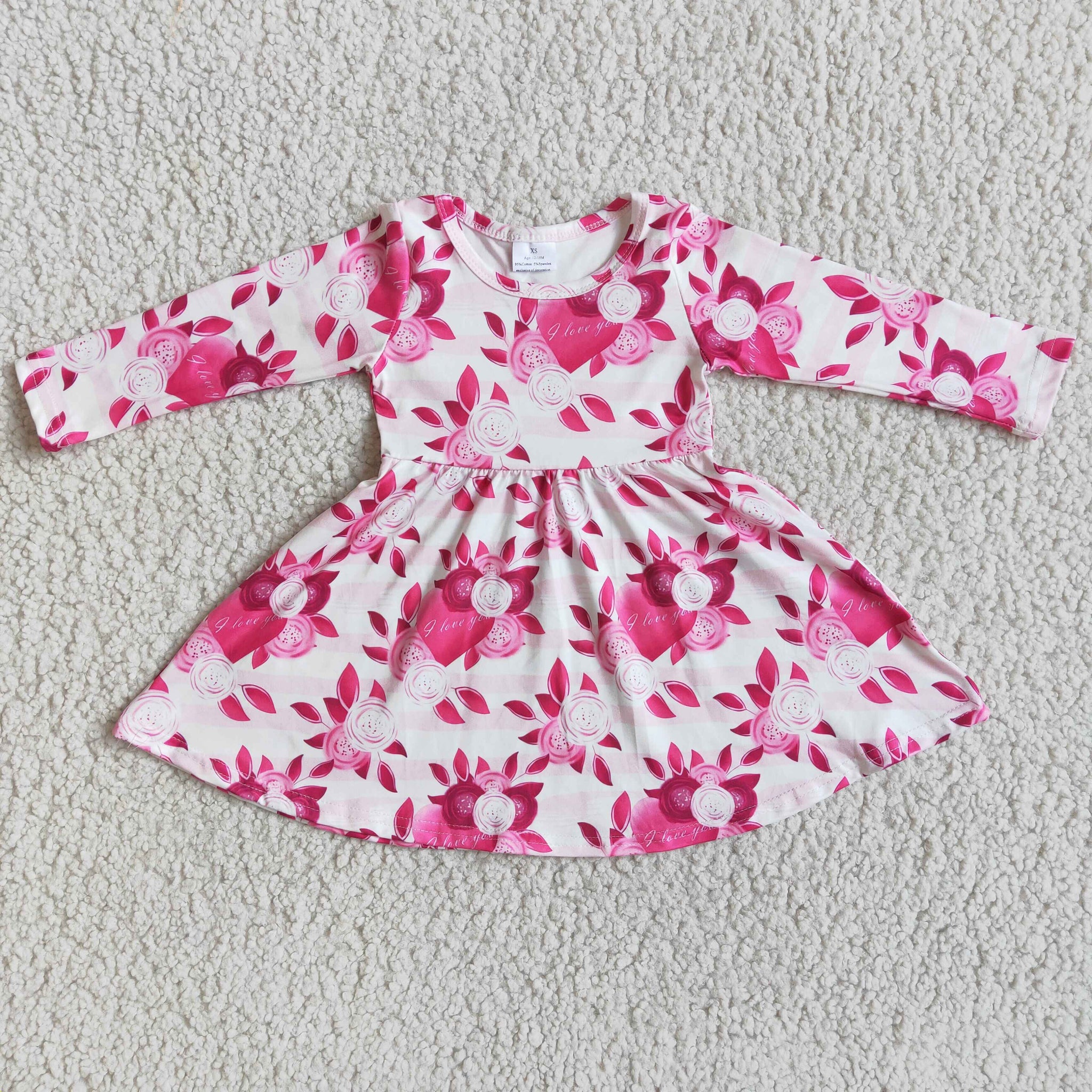 6 B2-15 Valentine's Day Pink Rose Baby Girls Long Sleeve Dress