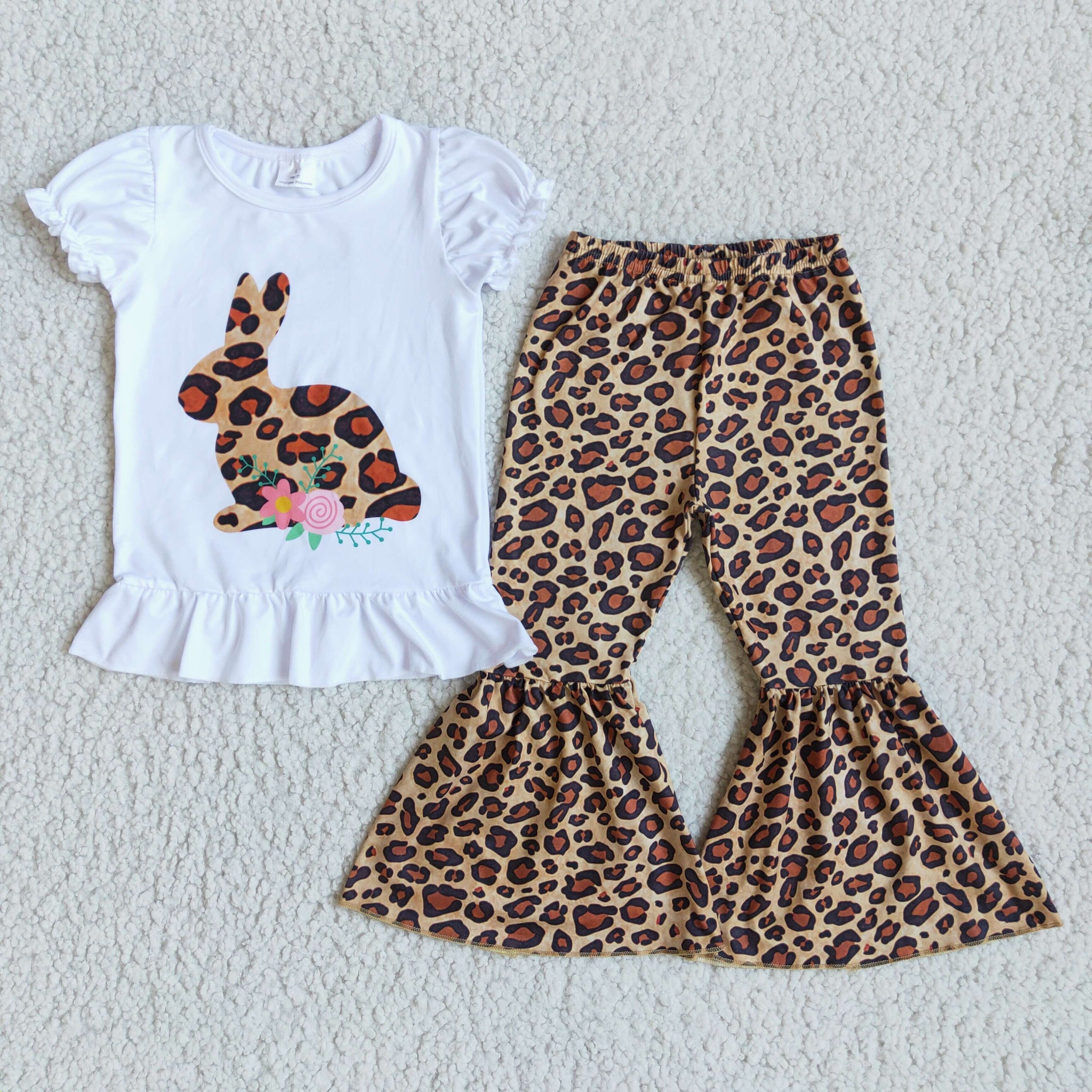 D9-20 Easter Baby Girls Kids Bunny Short Sleeve and Leopard Bell Bottoms Sets