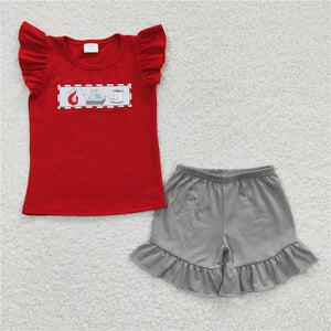 GSSO0161 baby girl embroidered ship boots red flying sleeve shorts suit