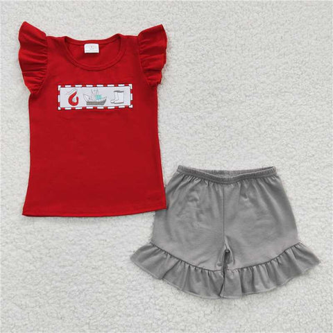GSSO0161 baby girl embroidered ship boots red flying sleeve shorts suit