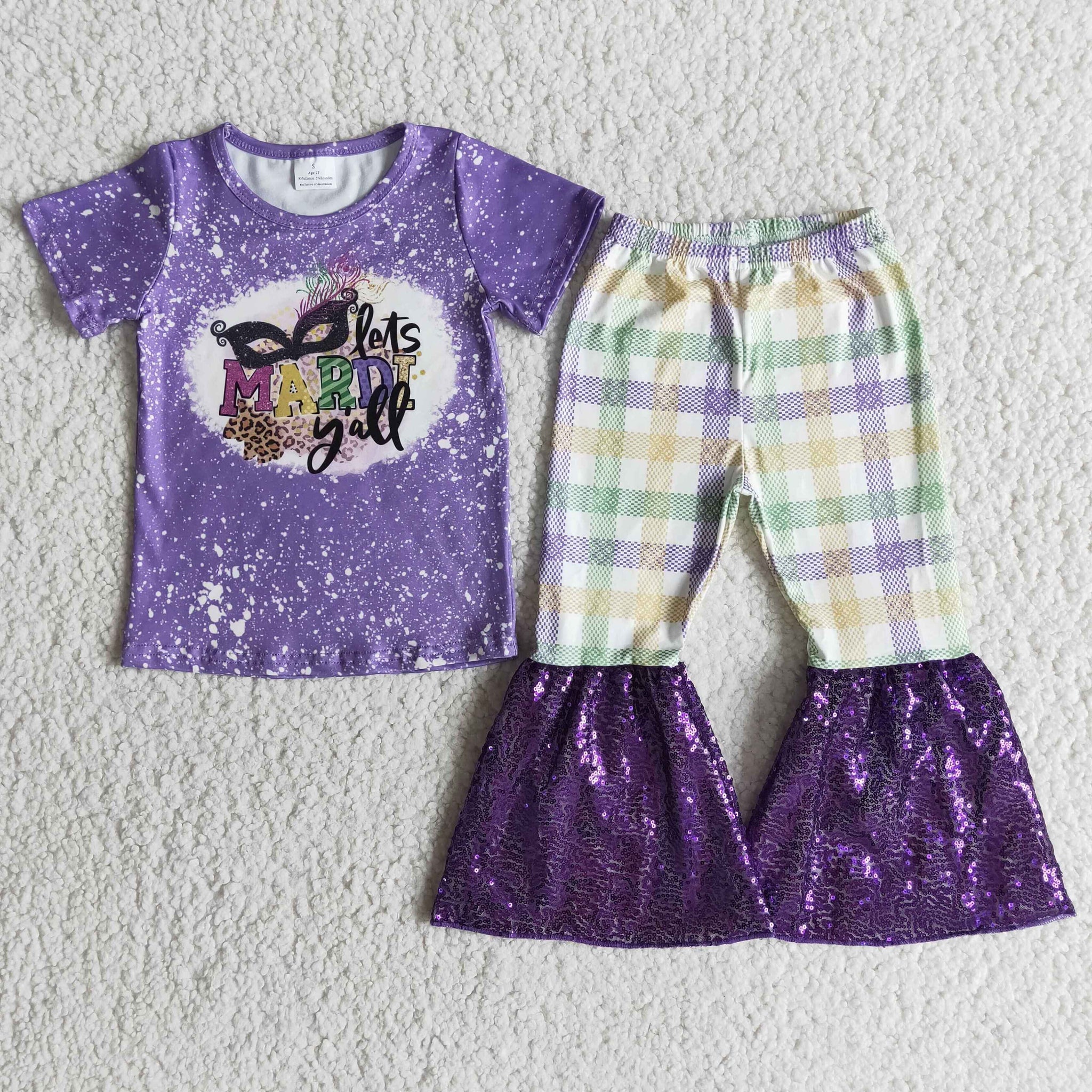 Mardi Gras Short Sleeve and Purple Sequin Bell Bottoms Sets