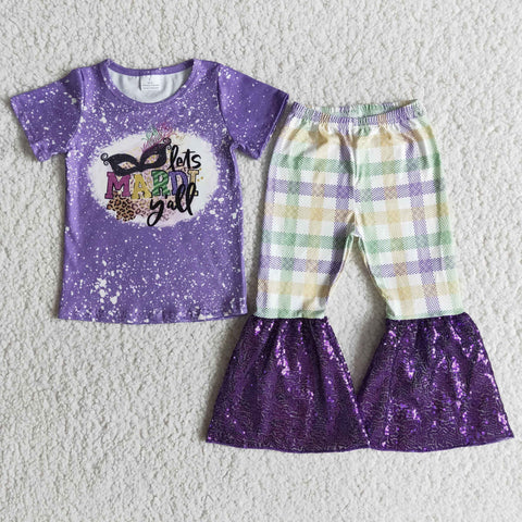 Mardi Gras Short Sleeve and Purple Sequin Bell Bottoms Sets