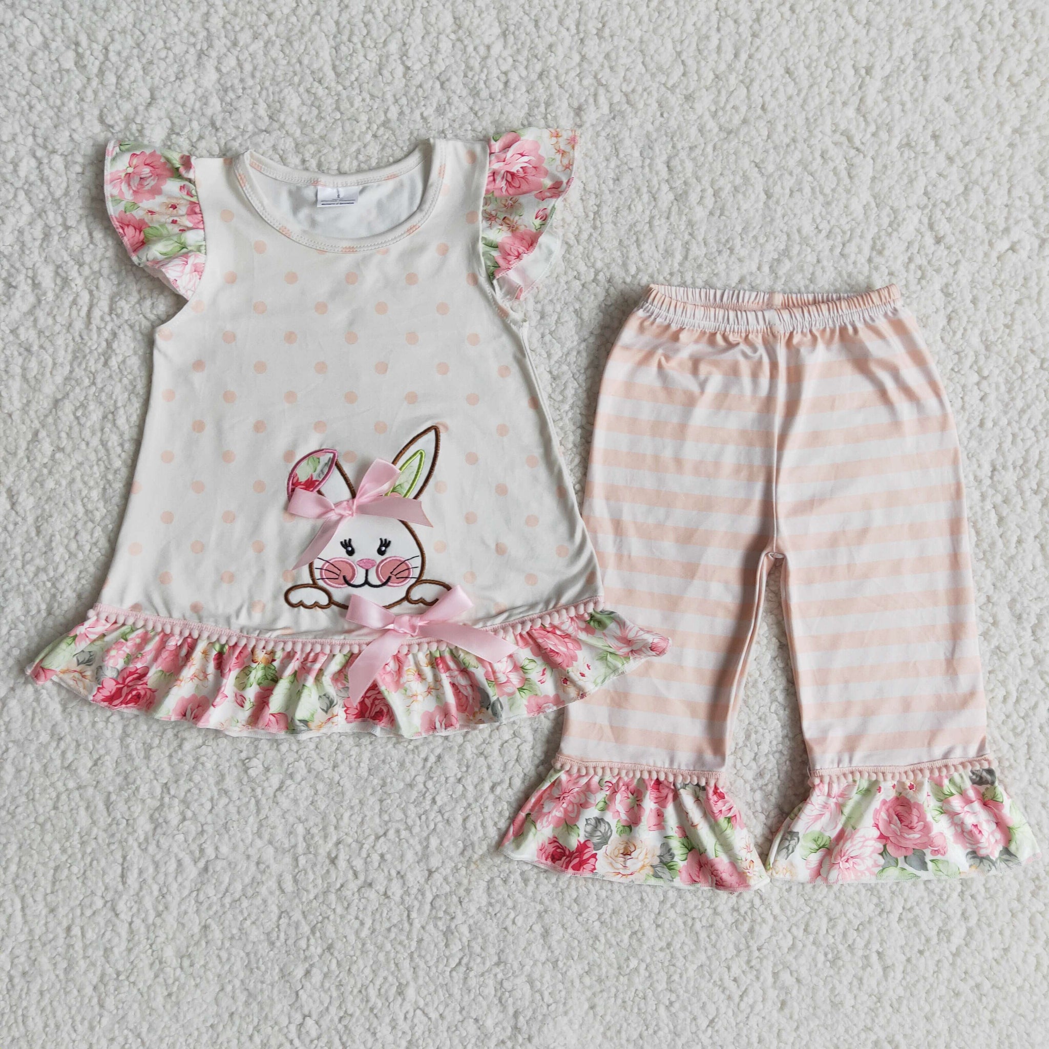E6-18 Easter Baby Girls Kids Embroidery Bunny Pearl Sleeve and Long Pants Pajamas Sleepwear