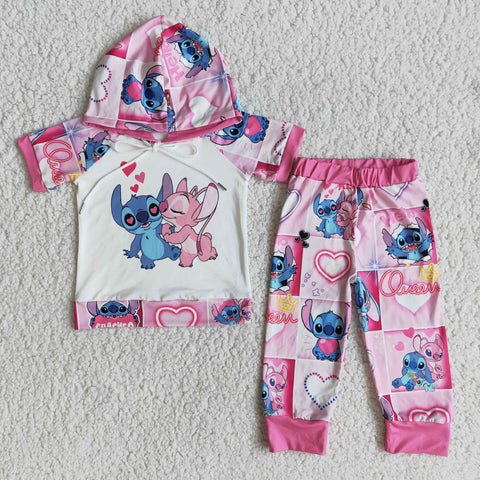 Girls Pink Hoodies Short Sleeve and Long Pants Sets