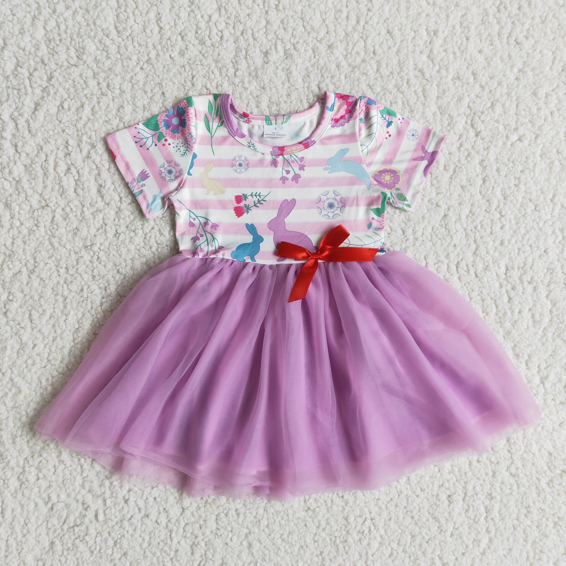 E9-26 Easter Bunny Floral Purple Tutu Short Sleeve Dress