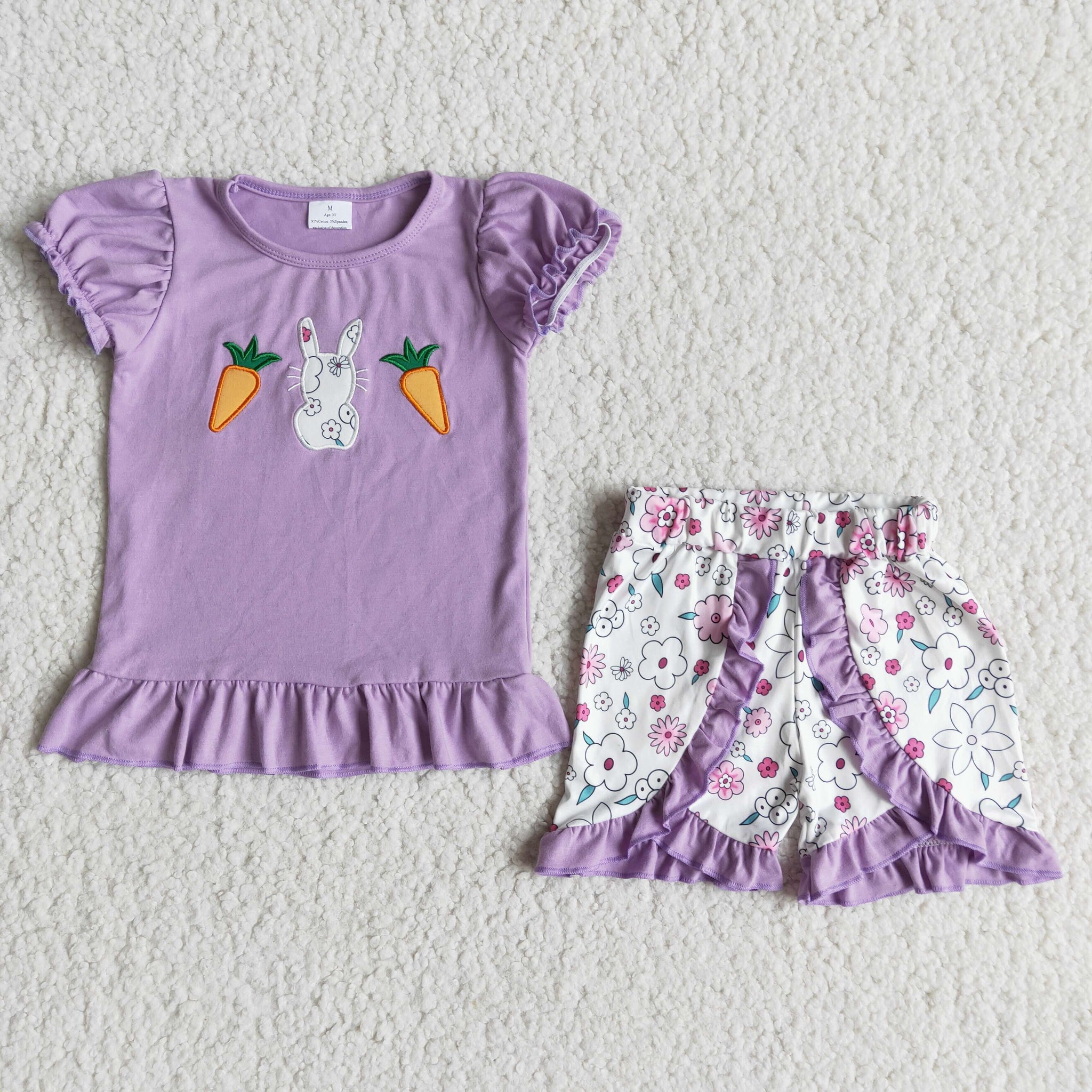 E6-20 Easter Embroidery Bunny Shorts Sets Summer Outfits