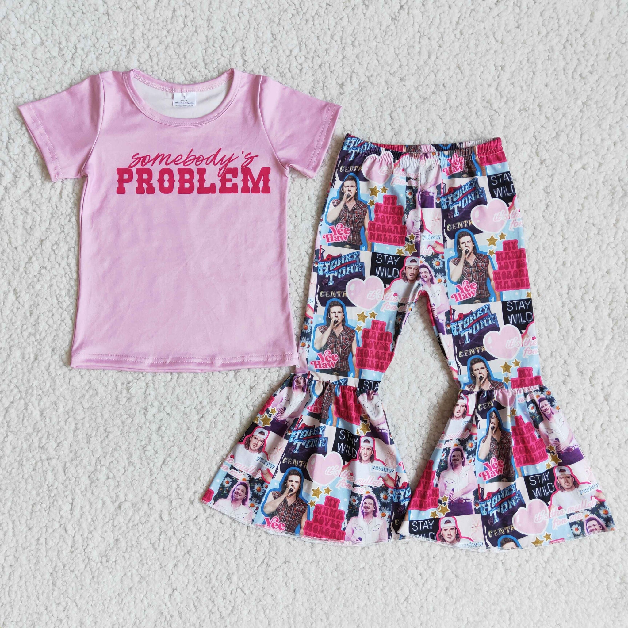 E8-4 Baby Girls Pink Short Sleeve and Bell Bottoms Pants Sets
