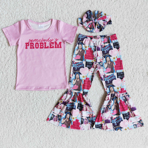 E8-4 Baby Girls Pink Short Sleeve and Bell Bottoms Pants Sets