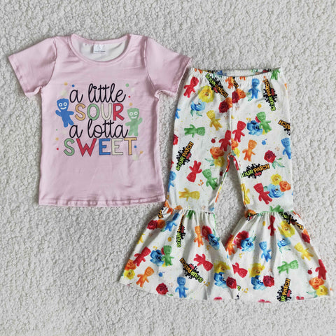 Lovely Pink Baby Girls Short Sleeve and Bell Bottoms Pants Sets