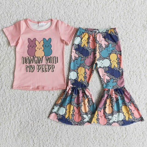 E9-2 Happy Easter Designer Baby Girls Kids Short Sleeve and Leopard Bell Bottoms Sets