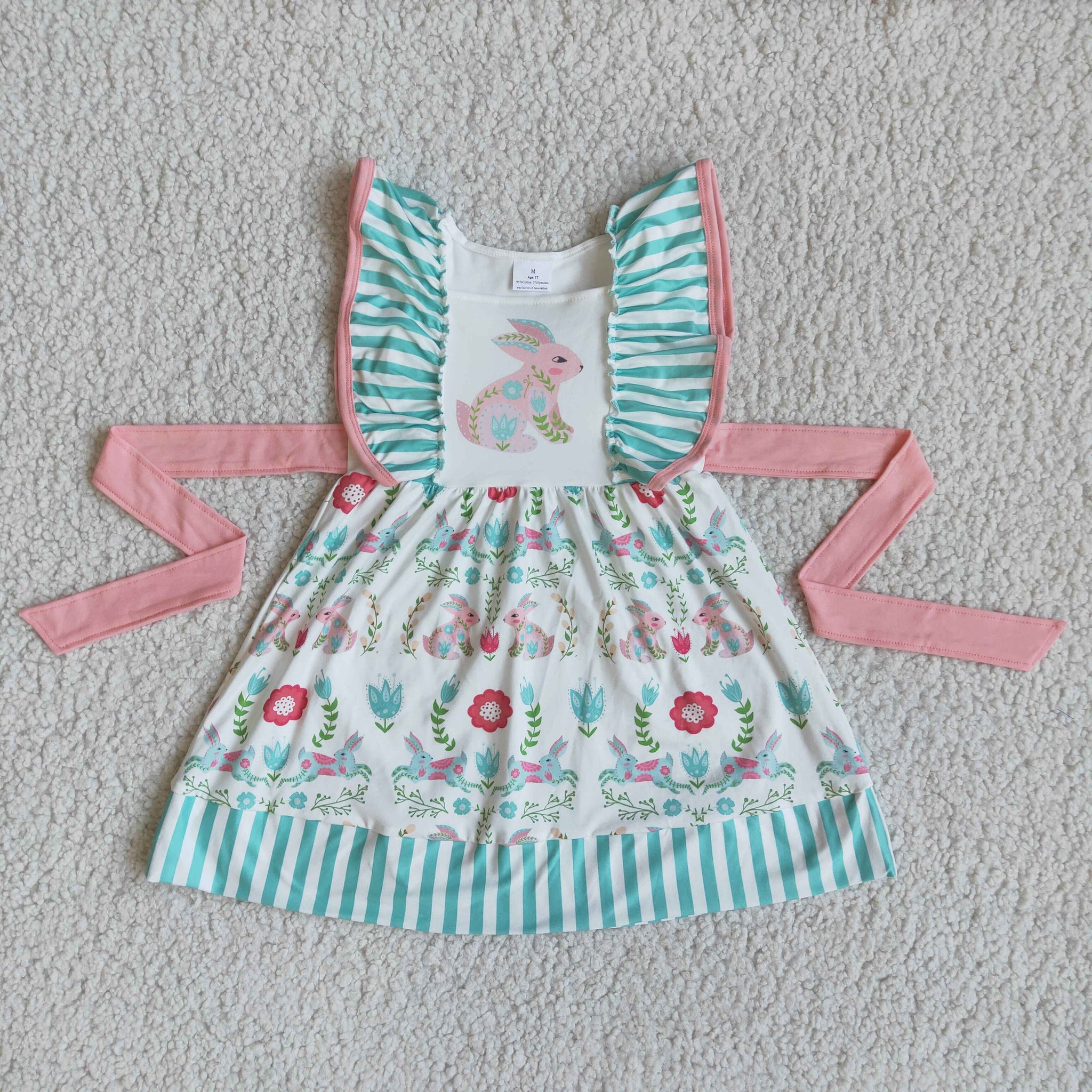 D7-2 Easter Pink Flower Bunny Flutter Sleeve Dress