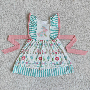 D7-2 Easter Pink Flower Bunny Flutter Sleeve Dress