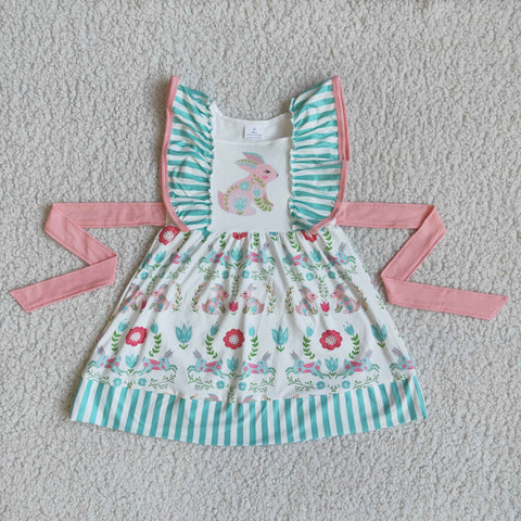 D7-2 Easter Pink Flower Bunny Flutter Sleeve Dress