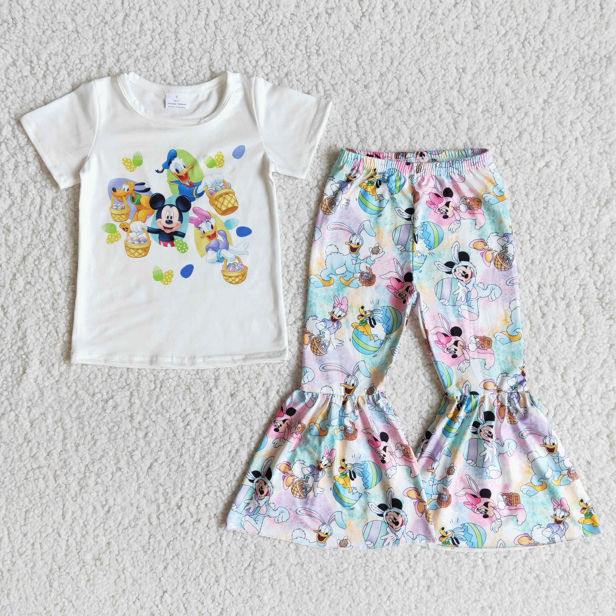 E10-18 Easter Western Style Bleached Designer Baby Girls Kids Egg Short Sleeve and Bell Bottoms Sets