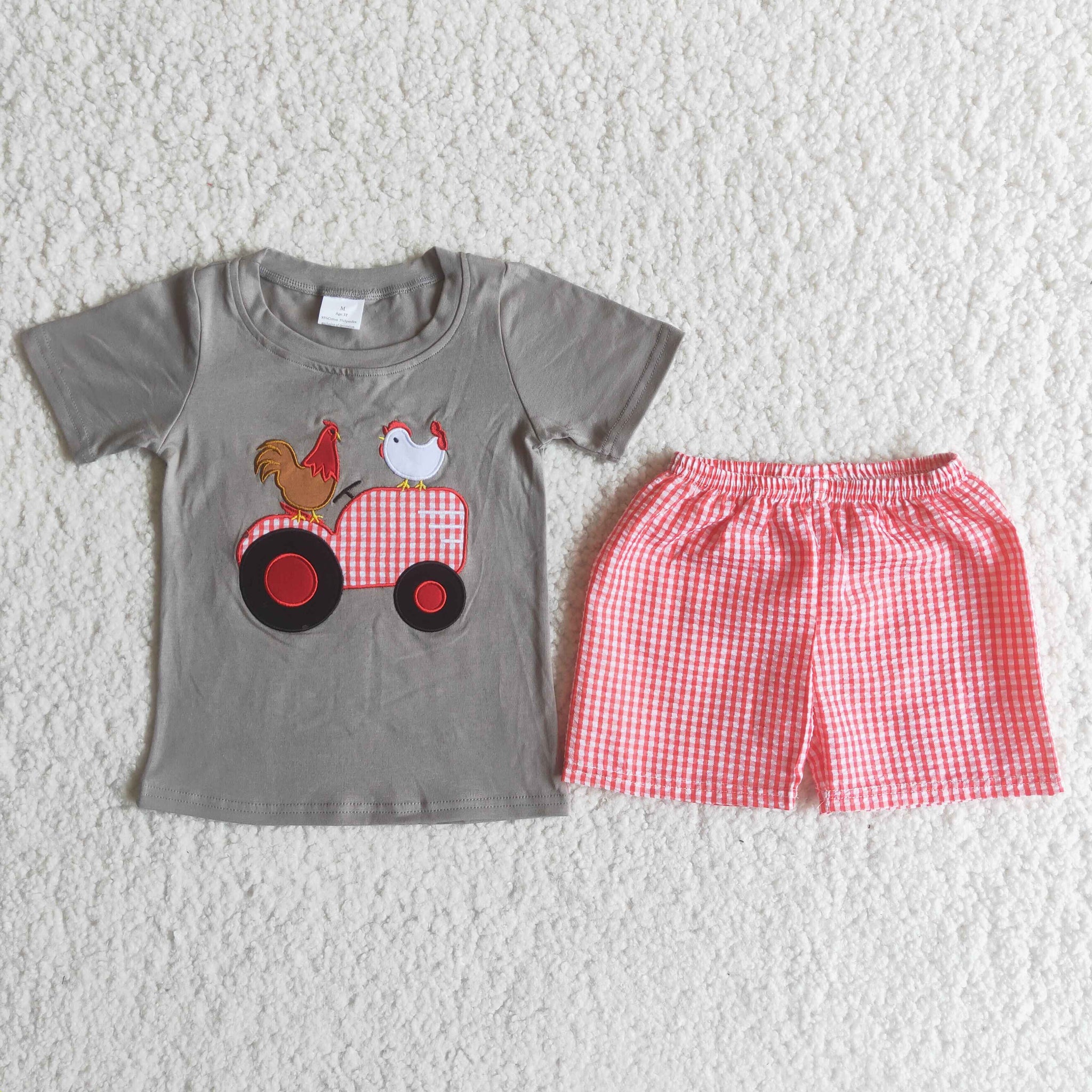 C6-4 Farm Baby Boys Embroidery Chicken Summer Shorts Sets