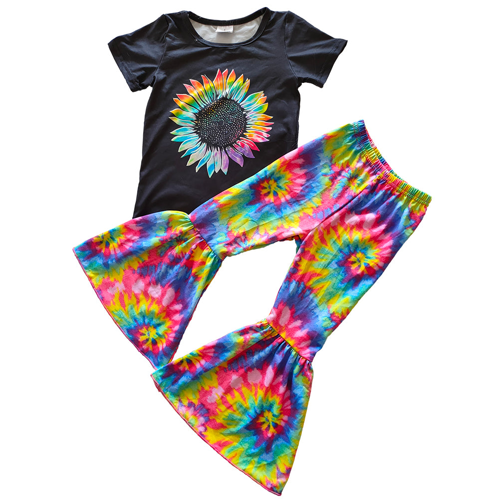Baby Girls Sunflower Short Sleeve and Tie-Dye Bell Bottoms Pants Sets