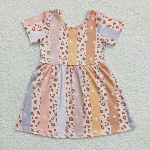 GSD0266 Girl Color Stripe Star Leopard Print Short Sleeve Dress