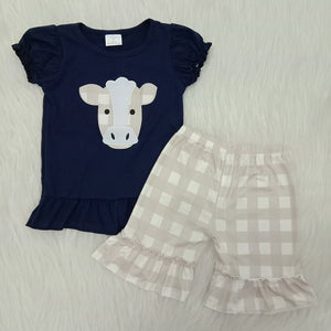 A4-14 Farm Baby Girls Embroidery Cows Summer Shorts Sets