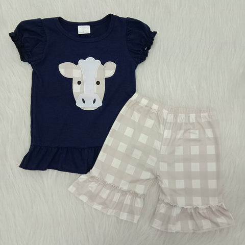 A4-14 Farm Baby Girls Embroidery Cows Summer Shorts Sets