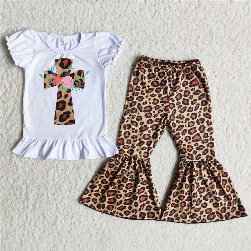 A8-15 Easter Baby Girls Kids Cross Short Sleeve and Leopard Bell Bottoms Sets