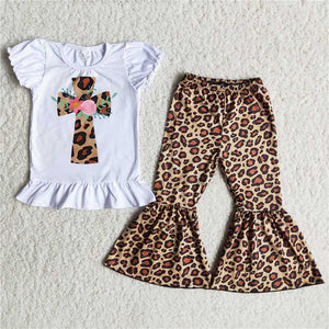 A8-15 Easter Baby Girls Kids Cross Short Sleeve and Leopard Bell Bottoms Sets