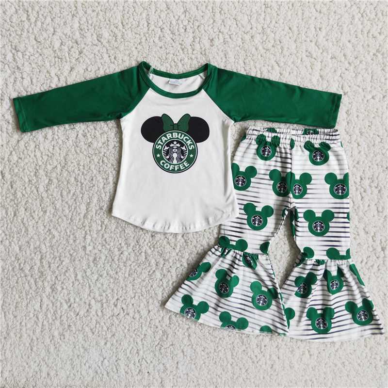 6 A1-29 St. Patrick's Day Green Clover Toddler Girls Long Sleeve and Bell Bottoms Sets
