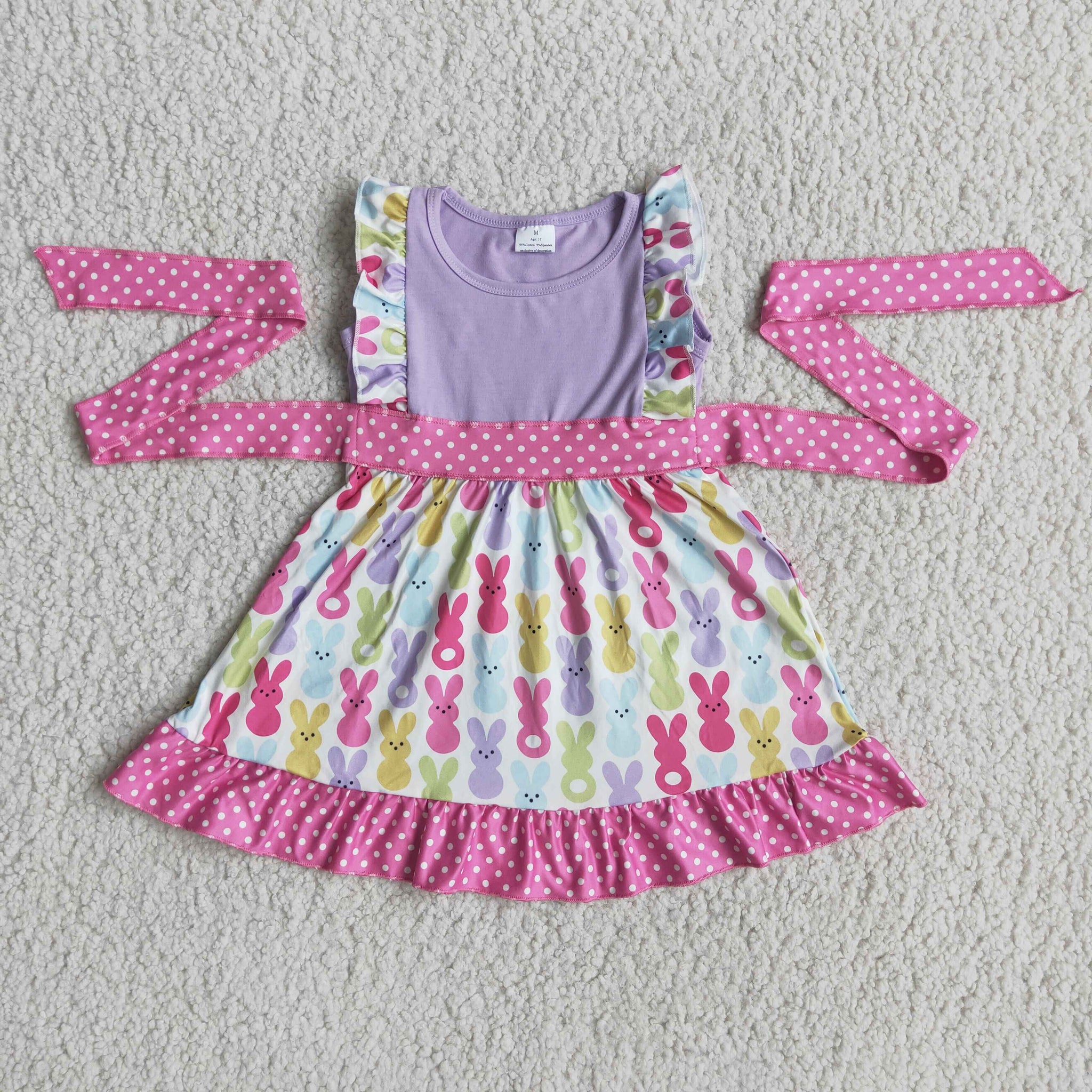 B11-21 Easter Pink Colorful Bunny Flutter Sleeve Dress
